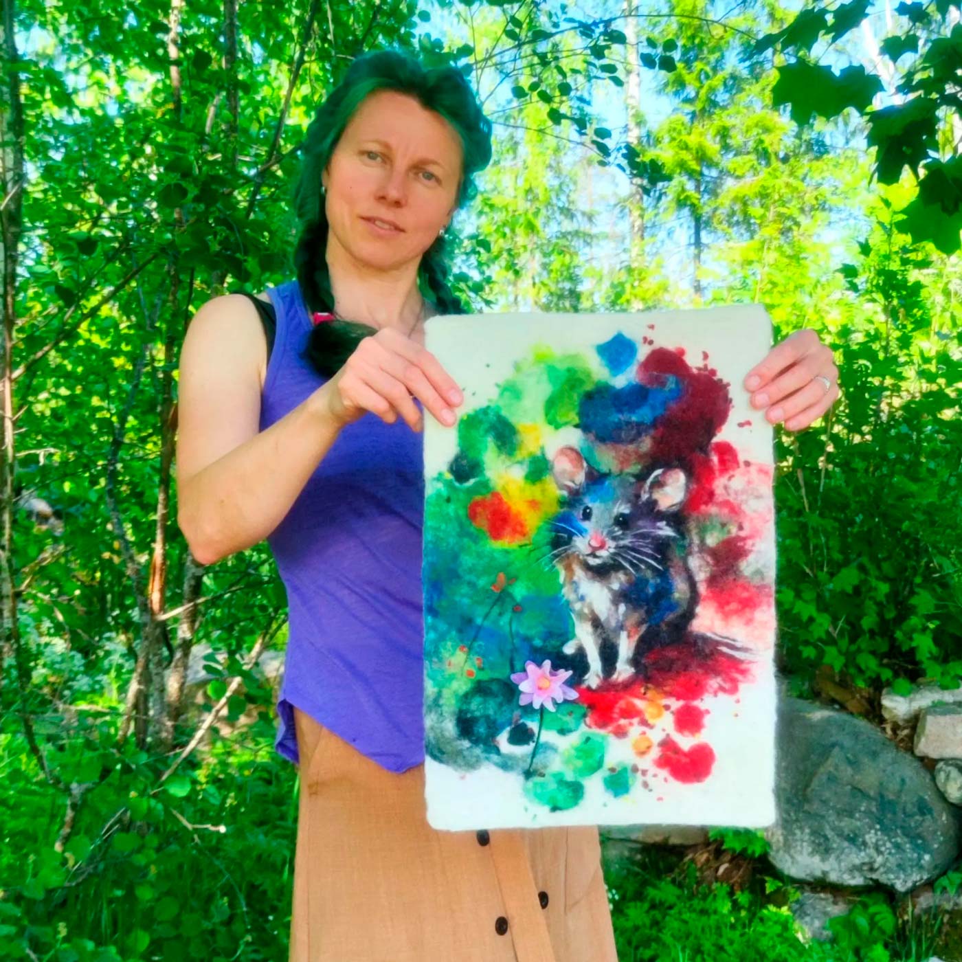 Wool Painting ”The Colorful Adventure of the Mouse”, from the Whimsical Wildlife in Bloom collection