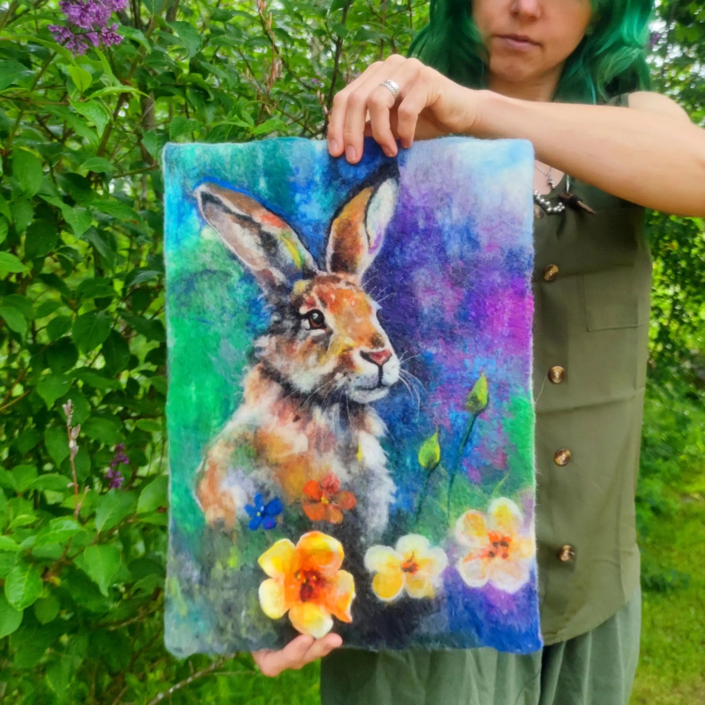 Wool Painting ”Summer Joy in the Company of a Hare”, from the Whimsical Wildlife in Bloom collection