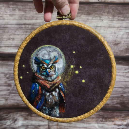 Wool Painting "Owl's Cosmic Voyage" from the Mini Marvels: Circular Creations collection