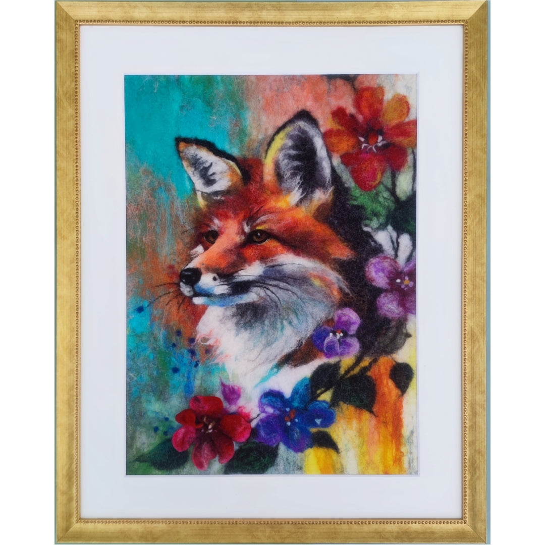 Wool Painting ”Fox in an Enchanting Sea of Flowers”, from the Whimsical Wildlife in Bloom collection